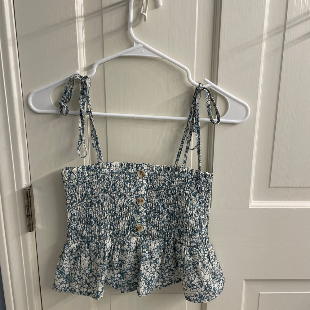 paper crane green smocked tank top with white flower print and buttons